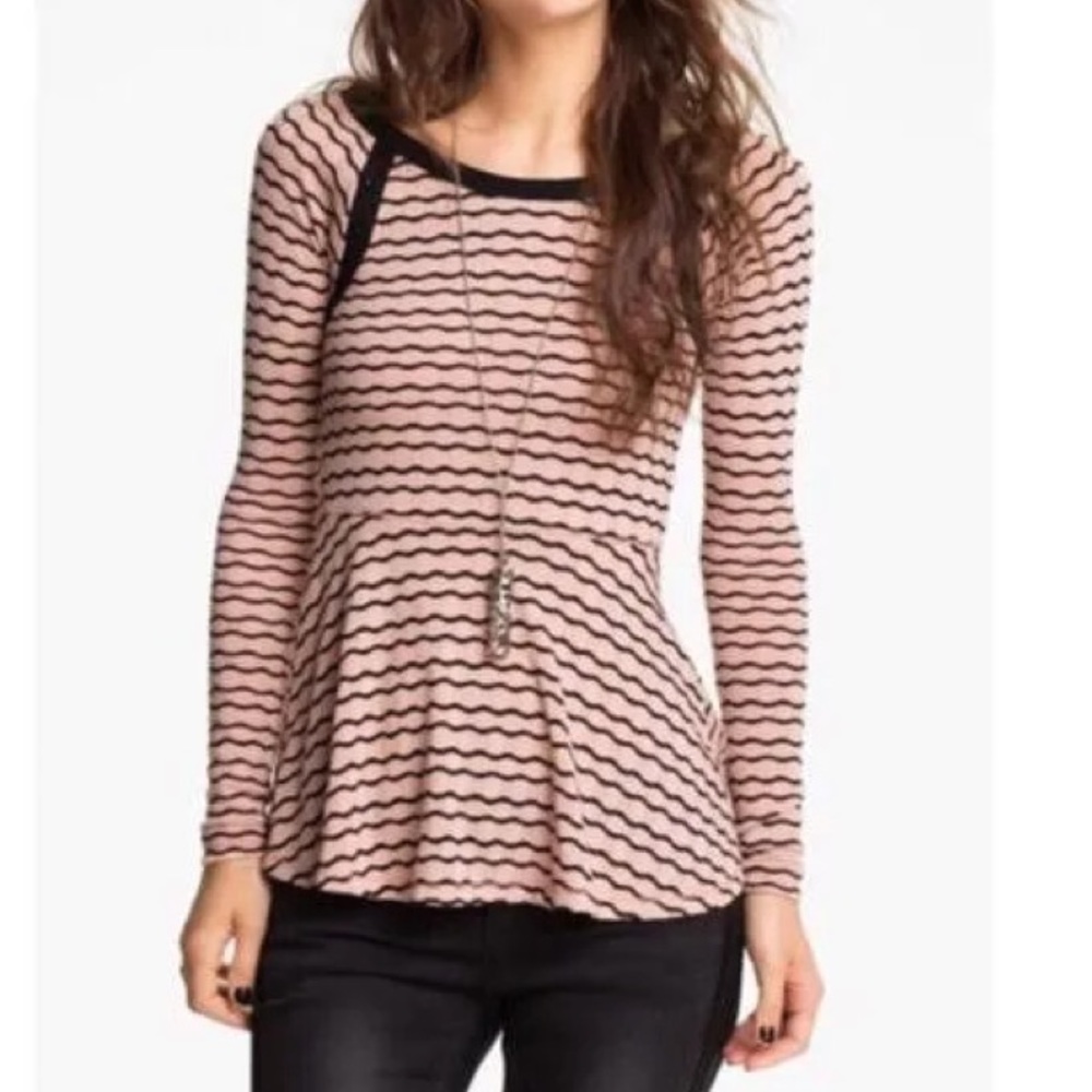 Free People Pink and Black Wavy Striped Long Sleeve Top